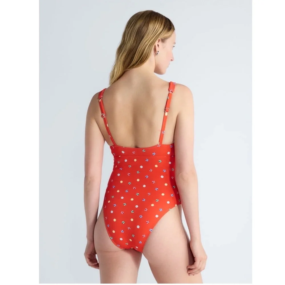 Free Assembly Red Beach Ball Print Cheeky High Leg One Piece Swimsuit L 12-14